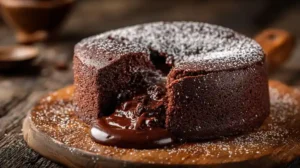 Gâteau moelleux au chocolat sur assiette, texture fondante et décoré de sucre glace.