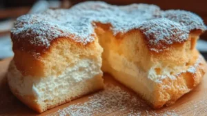 Gâteau nuage moelleux et doré, saupoudré de sucre glace, texture légère et fondante à la coupe.