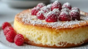 Gâteau crémeux doré aux yaourts, saupoudré de sucre glace et garni de framboises fraîches.