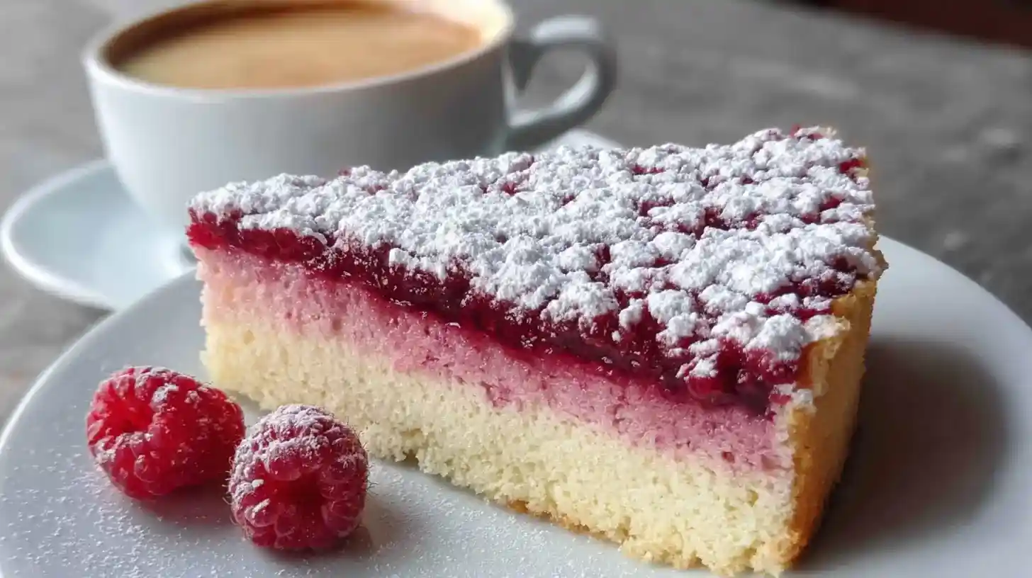 Tranche de gâteau à la framboise meringué, saupoudrée de sucre glace, servie avec un café.