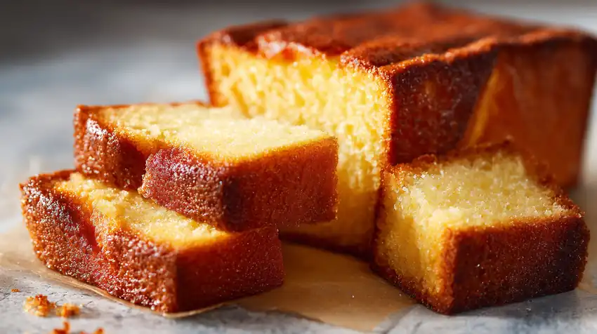 Tranches de gâteau au yaourt moelleux et doré, servies sur assiette claire, texture aérée.