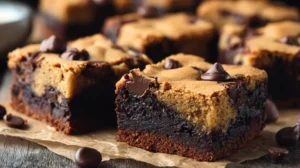Carrés de brookie chocolat fondant et cookie croustillant, dorés et découpés sur un papier cuisson.