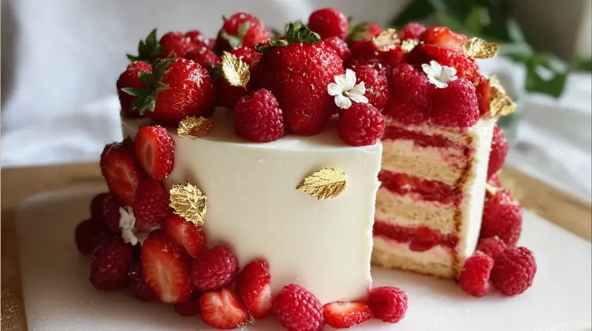 Layer cake aux fruits rouges décoré de fraises et framboises fraîches sur glaçage blanc.