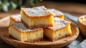 Carrés de moelleux frangipane dorés, saupoudrés de sucre glace sur une assiette grise rustique.