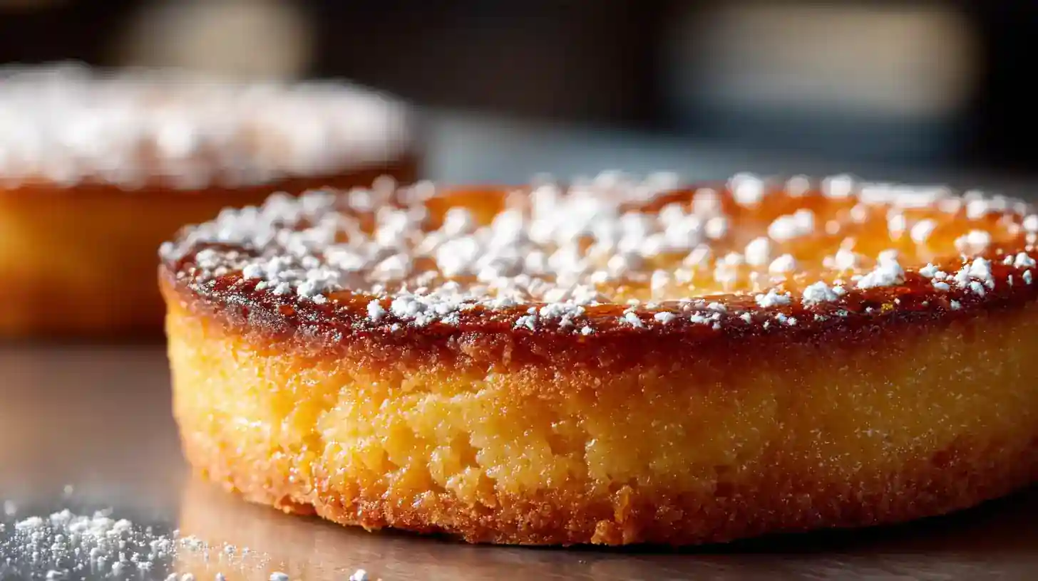 Part de moelleux frangipane doré à l’amande et au rhum, saupoudré de sucre glace.