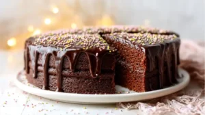 Gâteau au chocolat moelleux nappé de ganache brillante et décoré de vermicelles colorés.