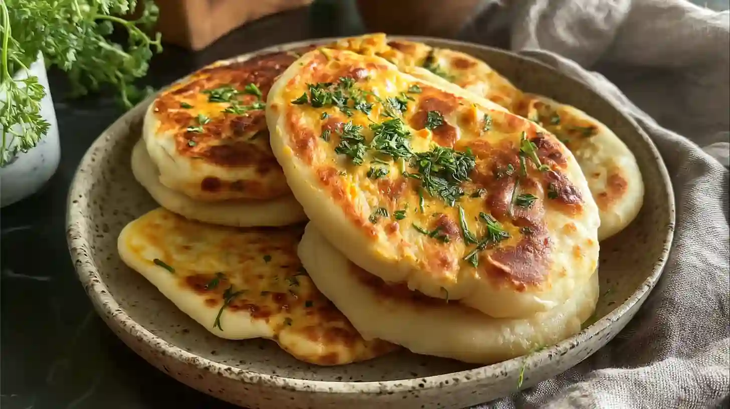 Naans dorés au poulet curry et cheddar, nappés d’herbes fraîches, servis maison sur une assiette rustique.