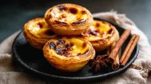 Pastéis de Nata dorés et caramélisés, servis sur assiette noire avec bâton de cannelle.