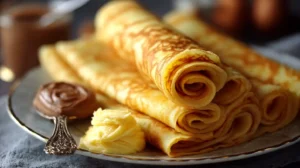 Crêpes maison dorées et roulées sur une assiette, prêtes à être servies avec pâte à tartiner.