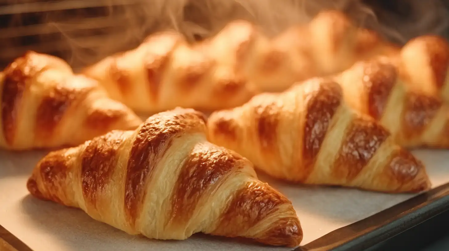 Croissants maison dorés et croustillants sur une plaque, fraîchement sortis du four, prêts à déguster.