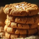 Petits biscuits au beurre de cacahuète sans cuisson empilés sur assiette, texture fondante et dorée.