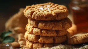 Petits biscuits au beurre de cacahuète sans cuisson empilés sur assiette, texture fondante et dorée.