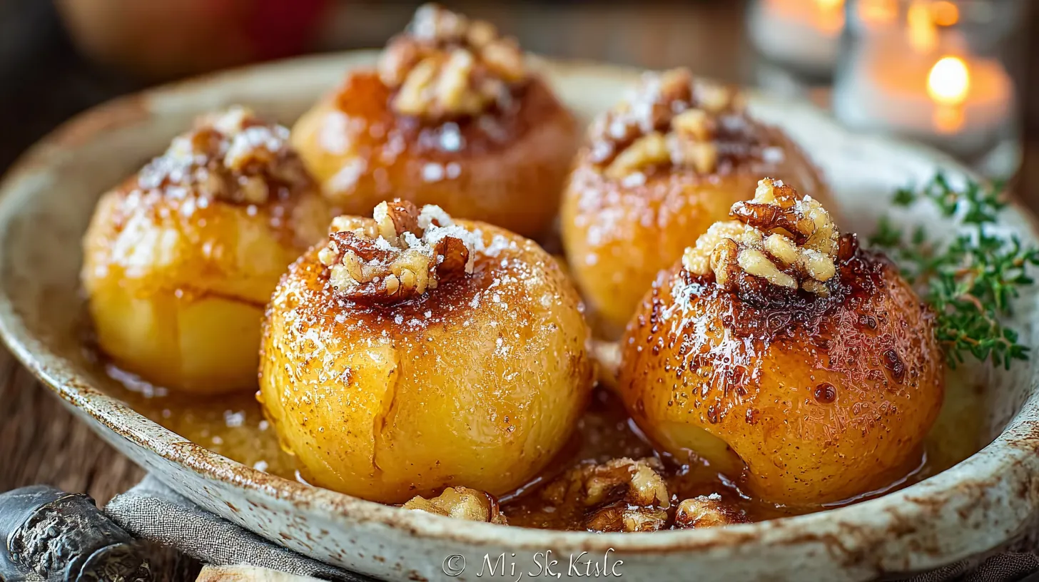 Pommes rôties au miel et aux épices, dorées et garnies de noix, servies dans un plat rustique, nappées de caramel clair.