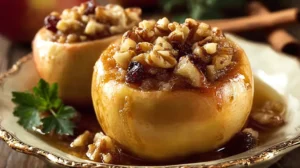 Pommes au four farcies aux noix et miel, dorées et caramélisées, servies sur une assiette rustique.