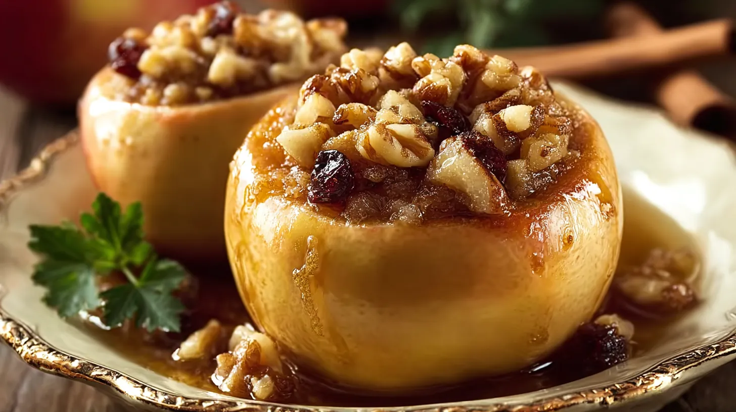 Pommes au four farcies aux noix et miel, dorées et caramélisées, servies sur une assiette rustique.
