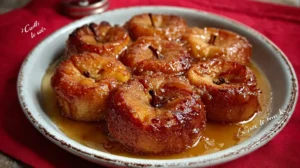 Pommes au four dorées et fondantes, nappées de caramel au miel, servies dans un grand plat blanc rustique.