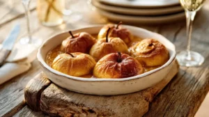Pommes au four dorées et fondantes, caramélisées au miel et au sucre roux, servies dans un plat rustique.
