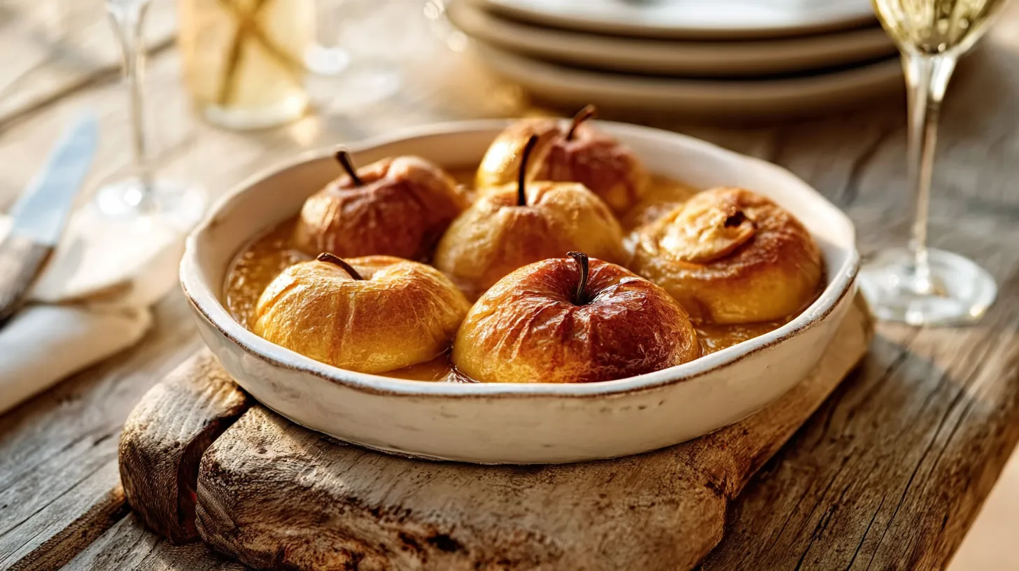 Pommes au four dorées et fondantes, caramélisées au miel et au sucre roux, servies dans un plat rustique.
