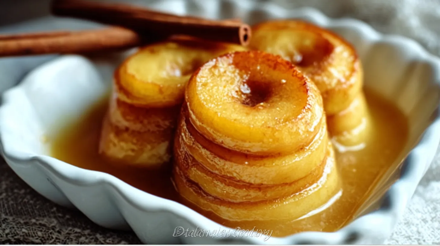 Pommes dorées et fondantes au four, nappées de caramel au miel, servies dans un plat blanc.