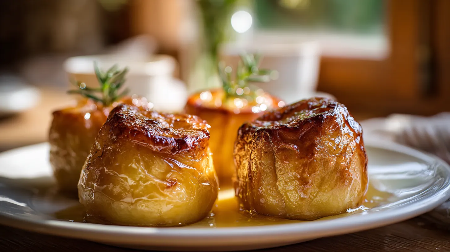 Pommes dorées et fondantes au four, garnies de miel et de sucre roux, servies dans un plat blanc rustique.