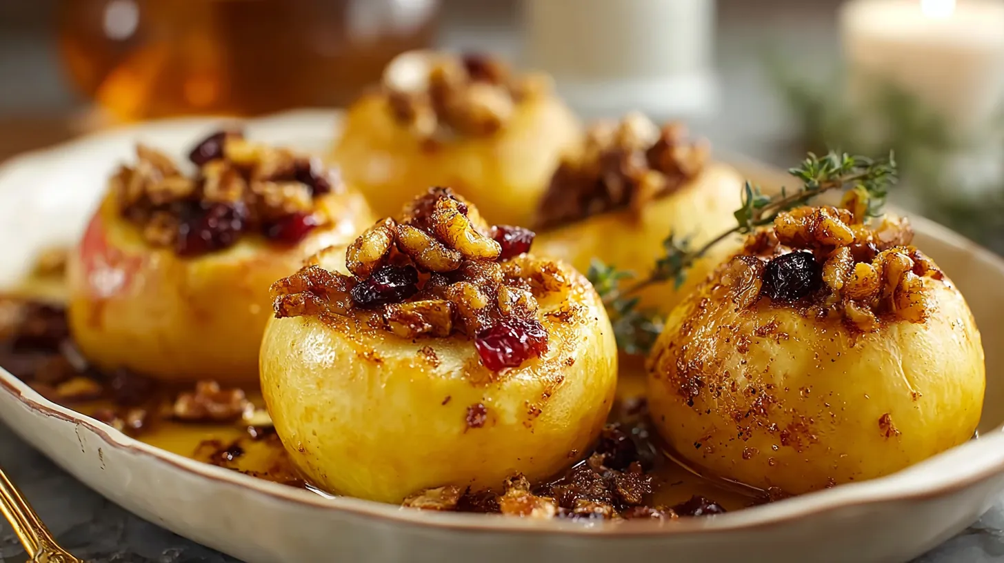Pommes au four garnies de noix, miel et raisins secs, dorées et fondantes dans un plat blanc rustique.