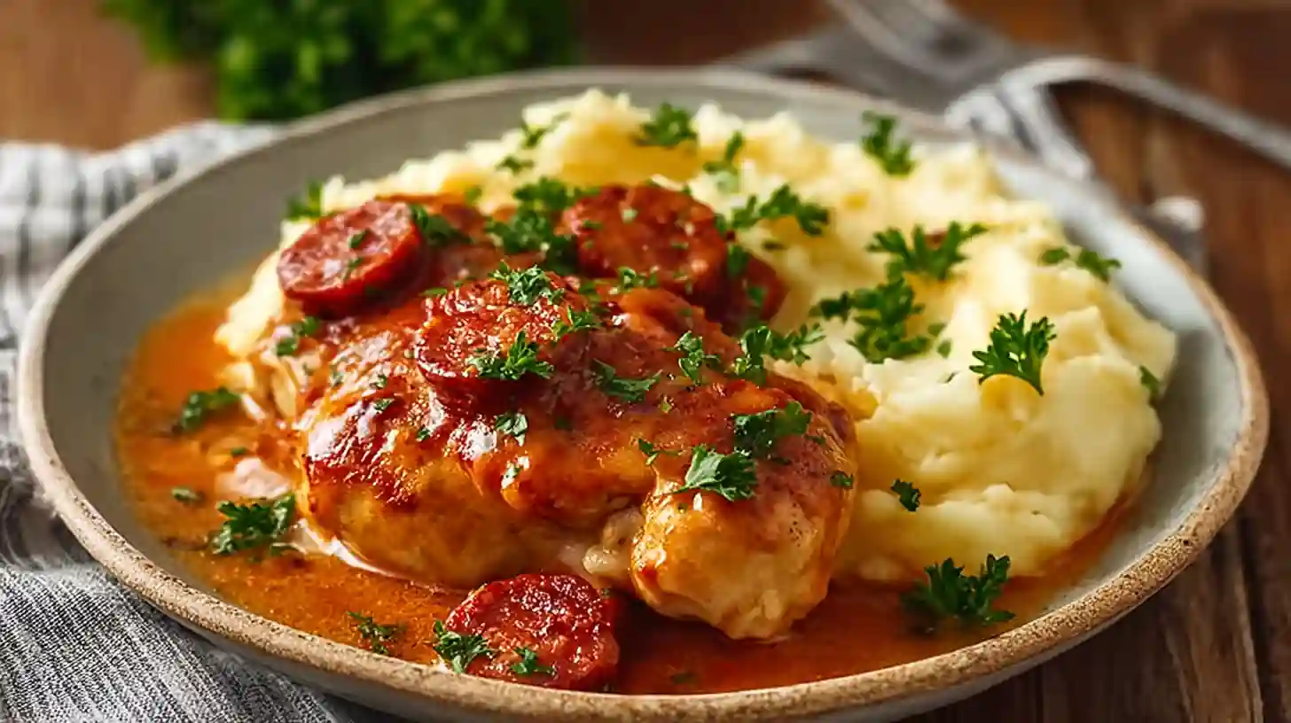 Poulet fondant en sauce crémeuse avec rondelles de chorizo de bœuf et purée maison sur assiette.