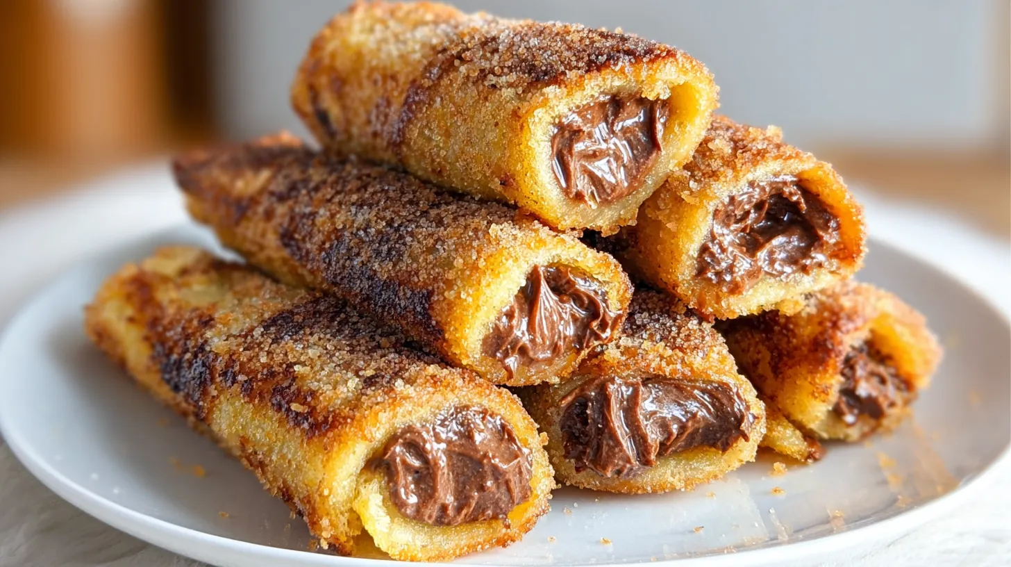 Roulés dorés au Nutella façon pain perdu, croustillants et sucrés, empilés sur une assiette blanche.