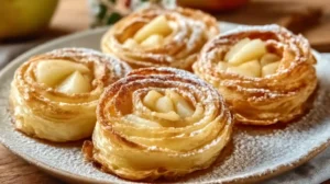Roulés feuilletés aux pommes dorés et croustillants, présentés sur une assiette saupoudrée de sucre glace.