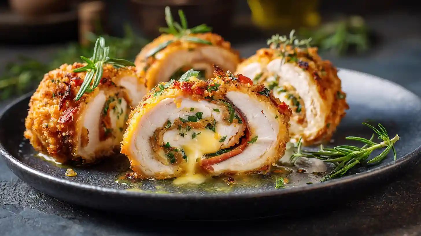 Roulés de poulet cordon bleu dorés et croustillants, servis avec herbes fraîches et garniture fondante.