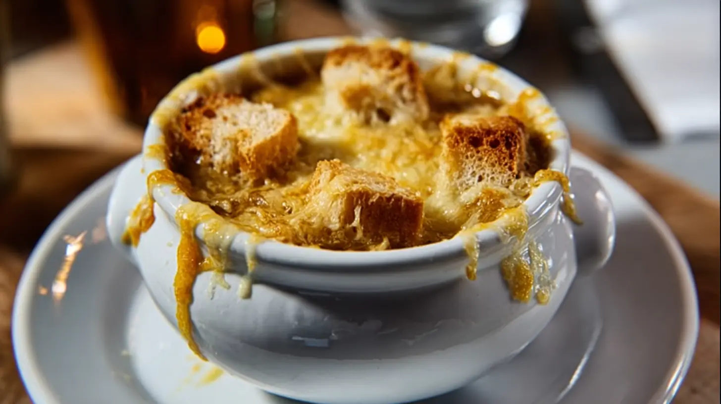 Soupe à l’oignon gratinée au fromage doré dans un bol en céramique, servie bien chaude.