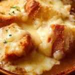Soupe à l’oignon gratinée avec pain croustillant et fromage fondant dans un bol rustique.