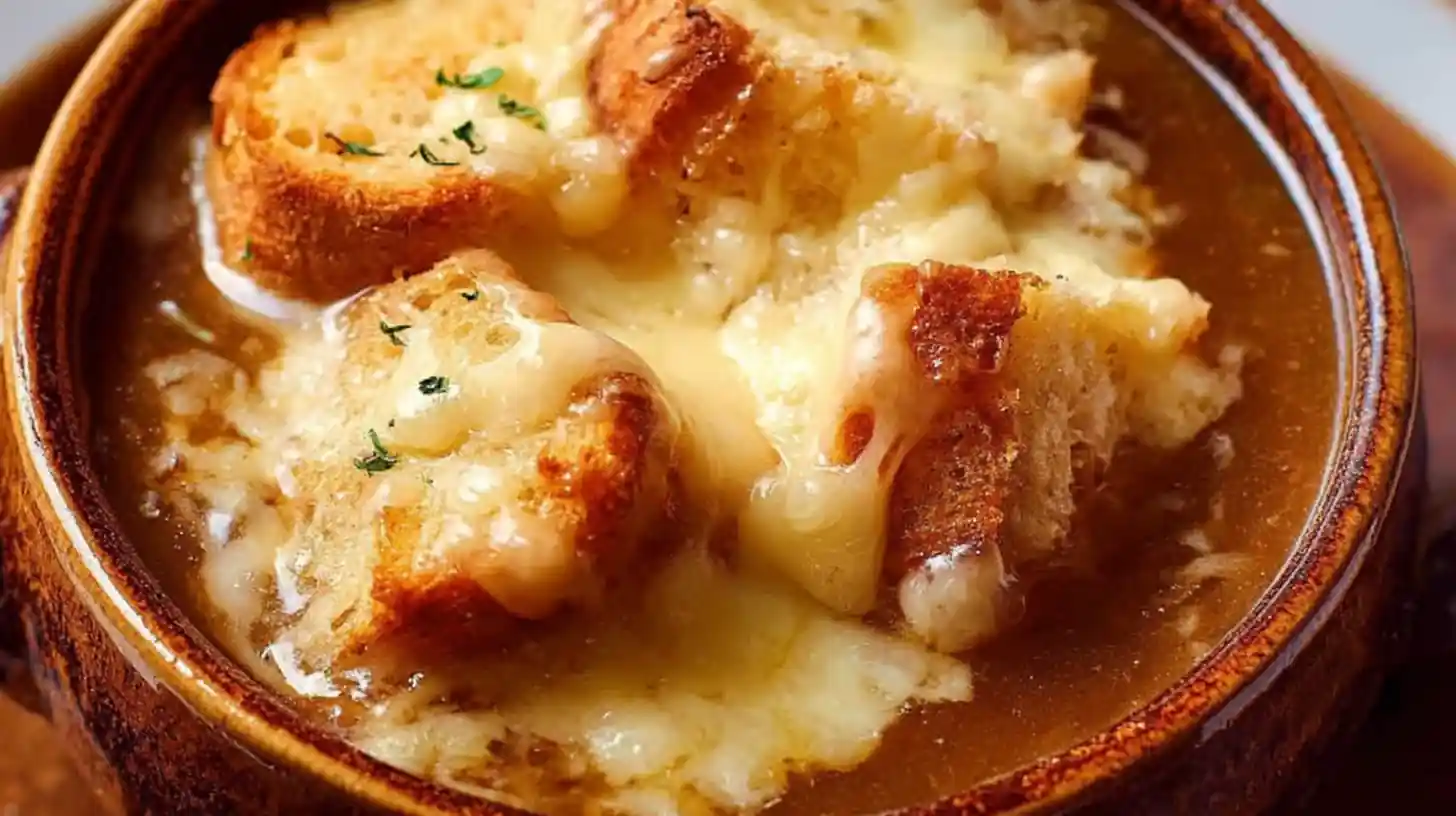 Soupe à l’oignon gratinée avec pain croustillant et fromage fondant dans un bol rustique.