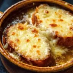 Soupe à l’oignon gratinée avec pain doré et fromage fondant dans un bol rustique.