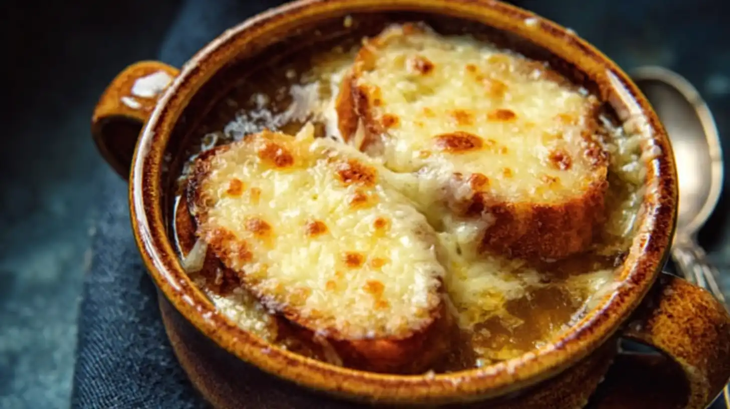 Soupe à l’oignon gratinée avec pain doré et fromage fondant dans un bol rustique.