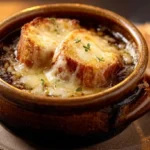 Soupe à l’oignon gratinée dans un bol en céramique avec pain doré et fromage fondu.