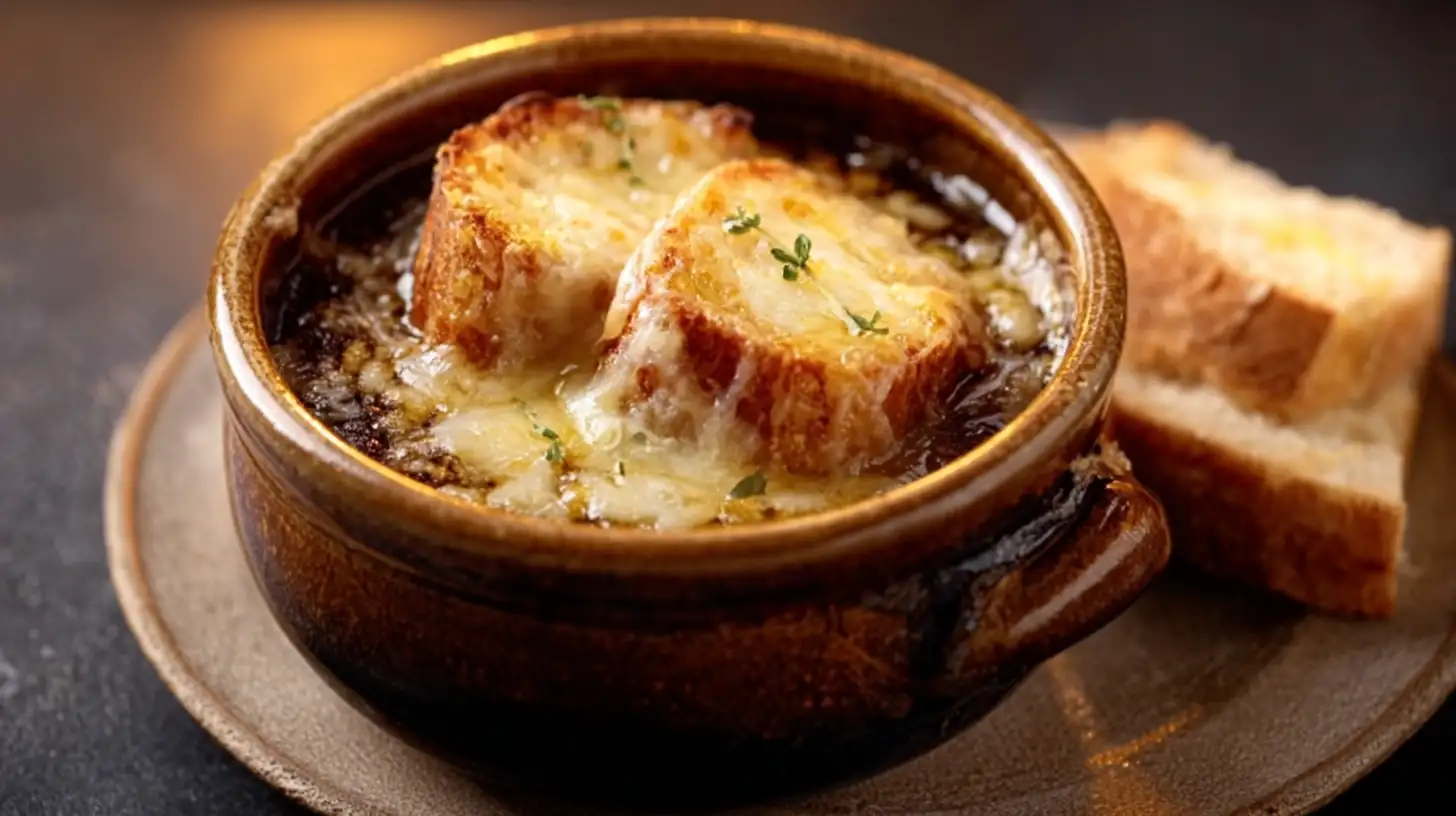 Soupe à l’oignon gratinée dans un bol en céramique avec pain doré et fromage fondu.