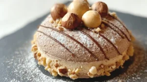 Succès au praliné garni de crème pralinée et décoré de noisettes entières et sucre glace.