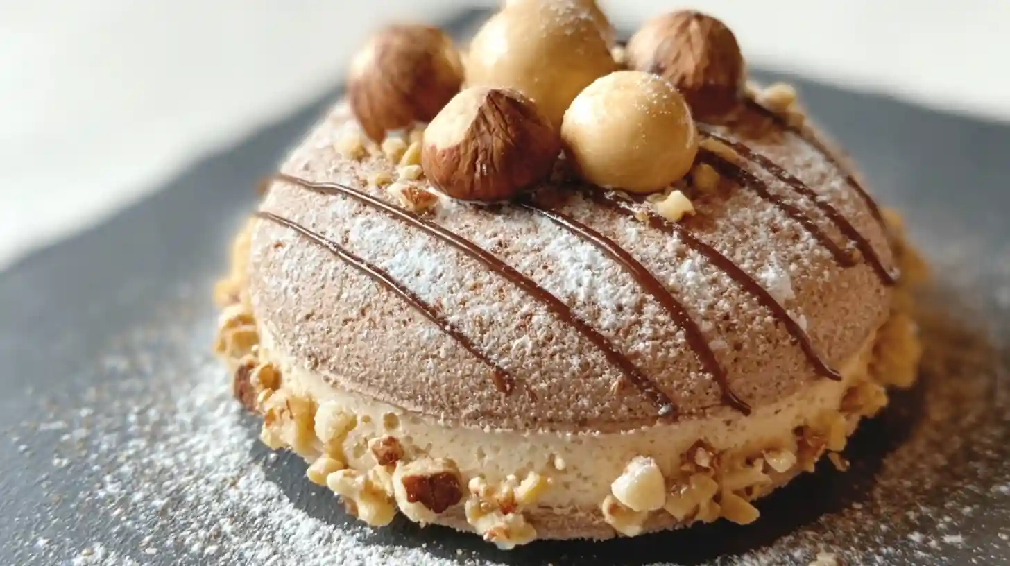 Succès au praliné garni de crème pralinée et décoré de noisettes entières et sucre glace.