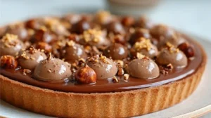 Tarte au chocolat au lait avec ganache fondante et décor de chantilly et noisettes croquantes.
