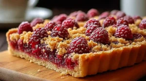 Tarte crumble dorée garnie de framboises fraîches et saupoudrée de sucre glace sur assiette blanche.
