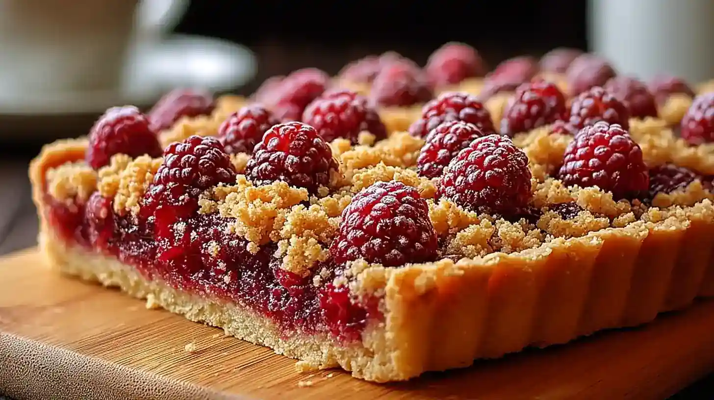 Tarte crumble dorée garnie de framboises fraîches et saupoudrée de sucre glace sur assiette blanche.