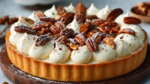 Tarte à la crème vanille avec décor de noix de pécan et vanille, texture lisse et gourmande.