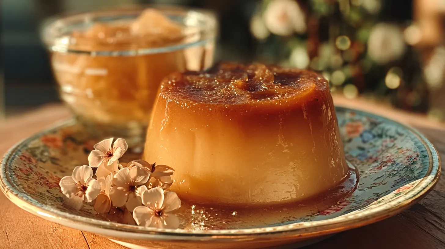 Terrine fondante aux pommes caramélisées, servie en tranches dorées sur une assiette fleurie.