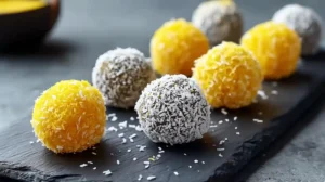 Truffes au citron jaunes roulées dans la noix de coco râpée, servies sur ardoise noire.